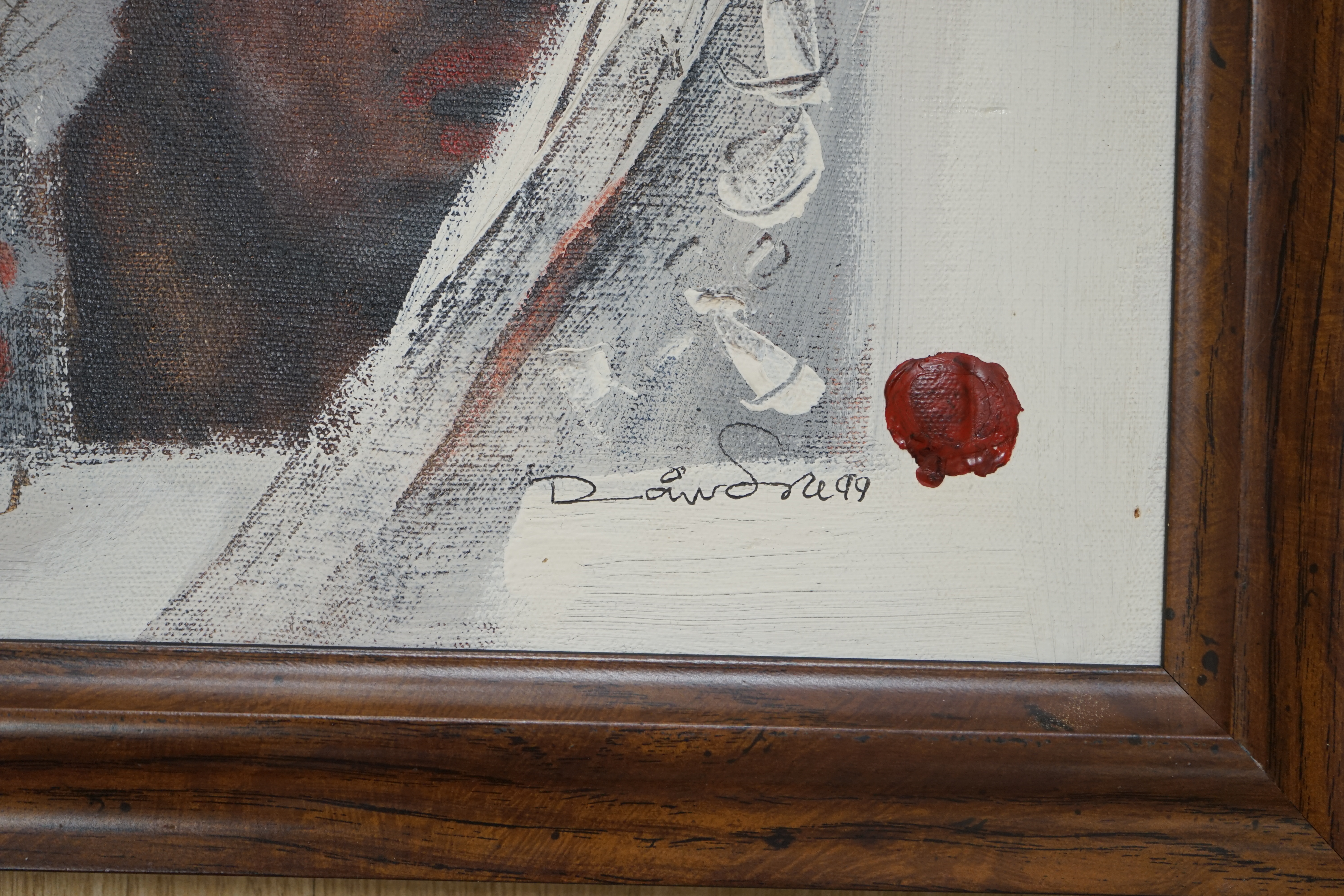 Indian School, oil on canvas, Portrait, various inscriptions verso including ‘Ravindra's Mumbai’, indistinctly signed and dated ‘99, 29 x 29cm. Condition - good